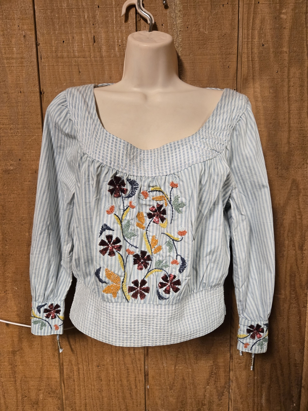Anthropologie Light Blue Striped Embroidered Peasant Blouse